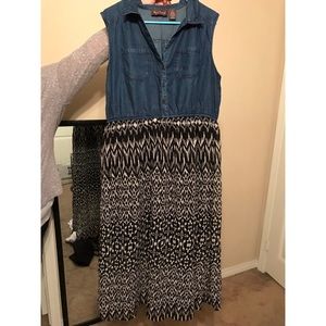 Denim top and black and white skirt